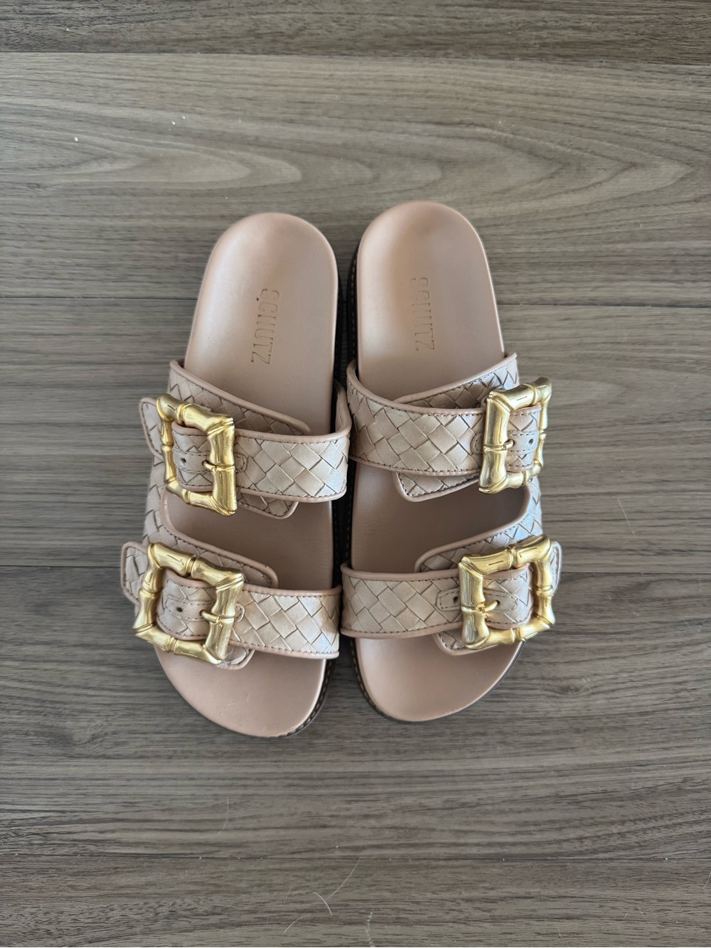 Schutz Women’s Beige Double-Buckle Slide Sandals - Size 8.5